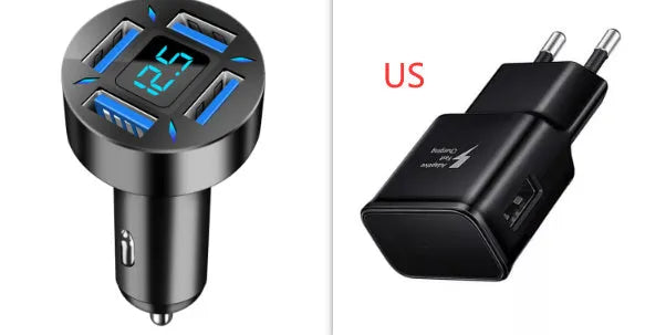Black four-port USB car charger with LED digital display showing charging status