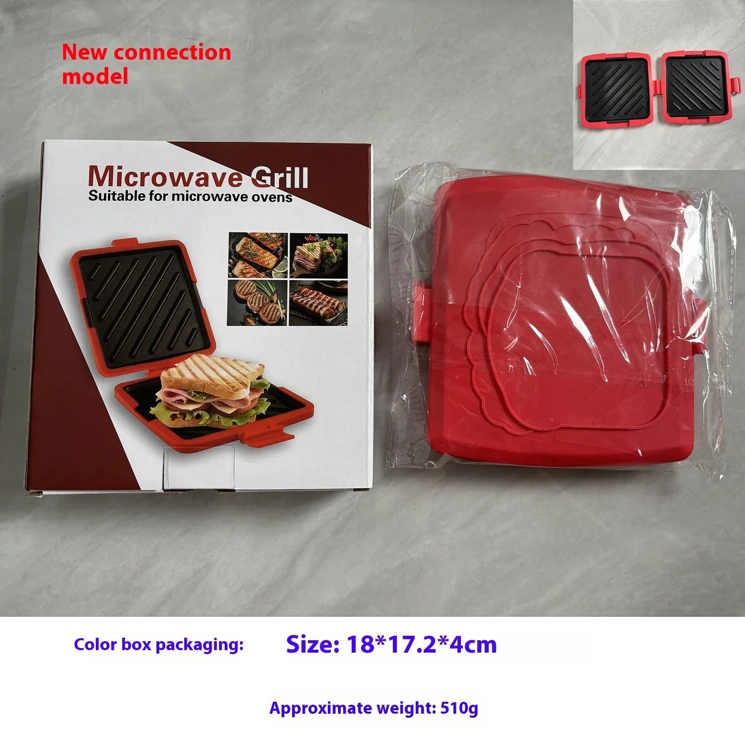 Red silicone baking tray and oven gloves set on a kitchen counter.