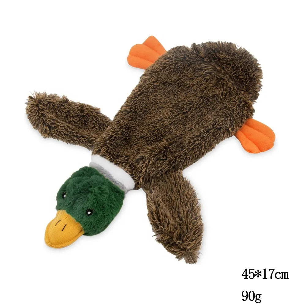 Green Wild Duck stuffless dog toy with squeakers, showing bottom fasteners for bottle insertion.
