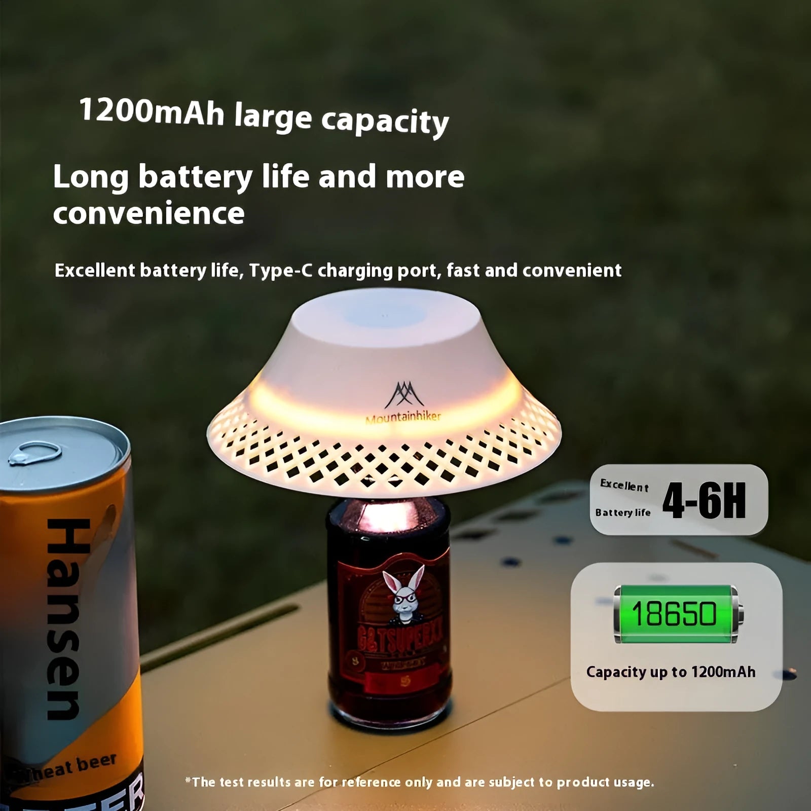 Beige wine bottle shaped camping lantern with USB-C charging port and compact dimensions