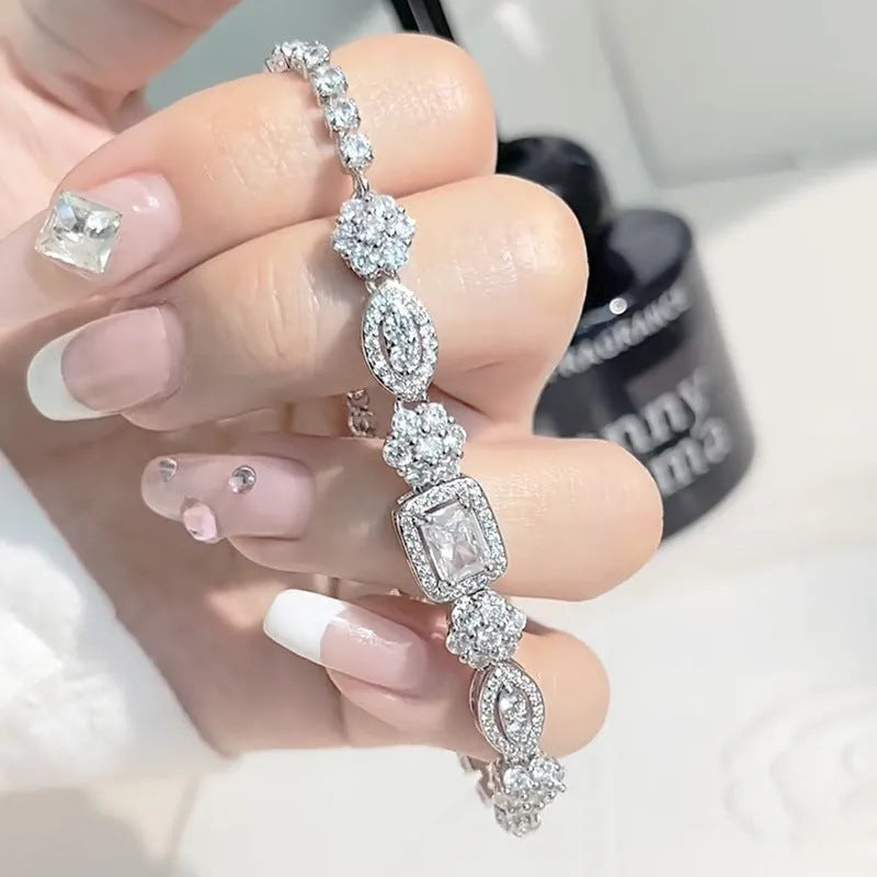 Women's geometric bracelet with zircon stones and silver plating in two size options