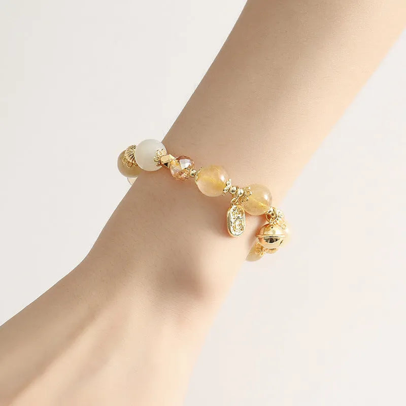 Korean style gold rutilated quartz crystal bracelet with electroplated lucky fortune colour tones