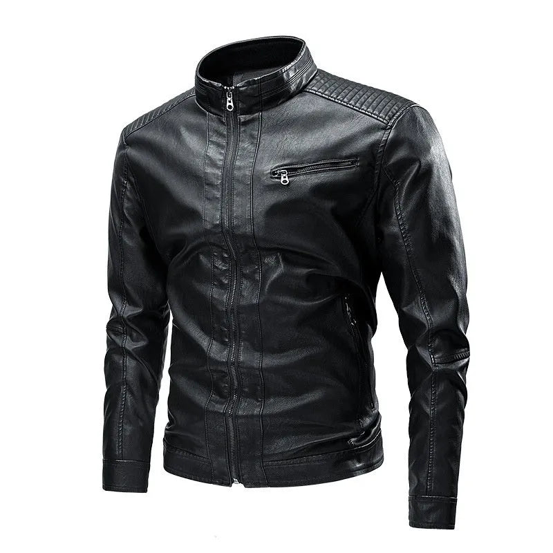 Men's PU leather motorcycle jacket in black with stitching, side pockets, and regular fit
