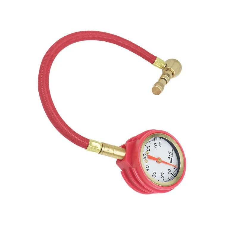 Mechanical tyre pressure gauge for SUV and off-road vehicles with metal body and rubber shell.