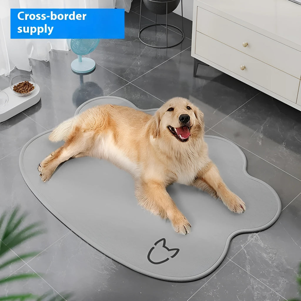 Ice silk dog cooling pad with dog head print, shown in light grey colour on a non-slip base.