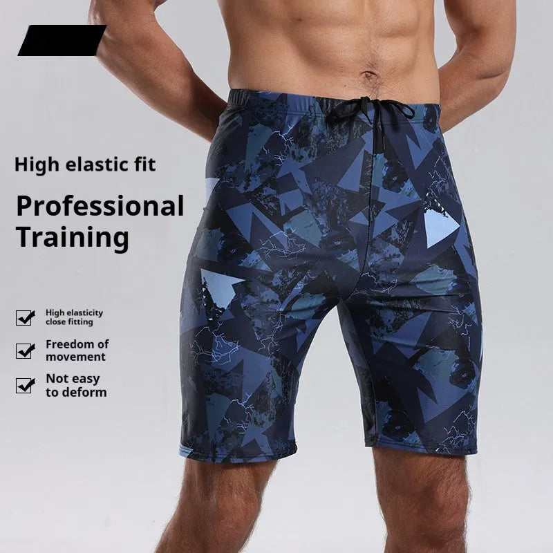 Blue men's knee-length polyester boxer swimming trunks for sports and water activities