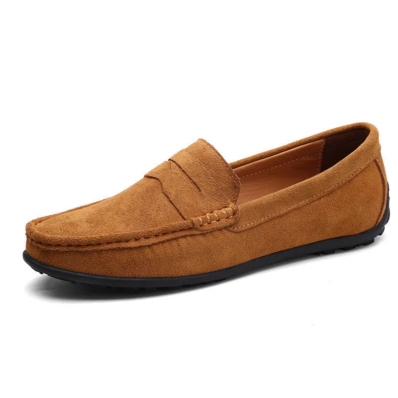 Men's suede Gommino loafers in plus sizes on a flat rubber sole, shown in a colour option.
