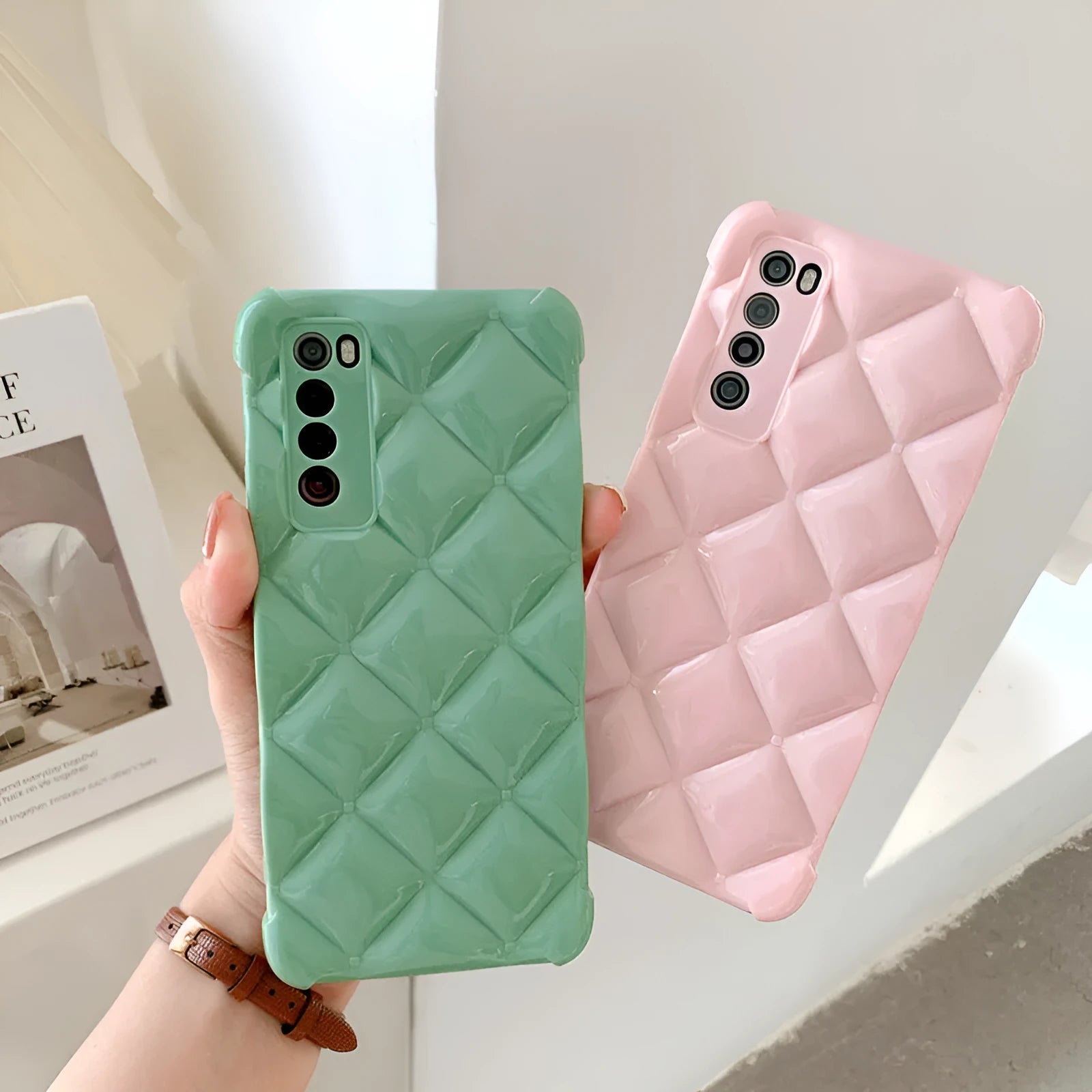 Silicone back cover phone case for Huawei models in black, green, pink, and white colours