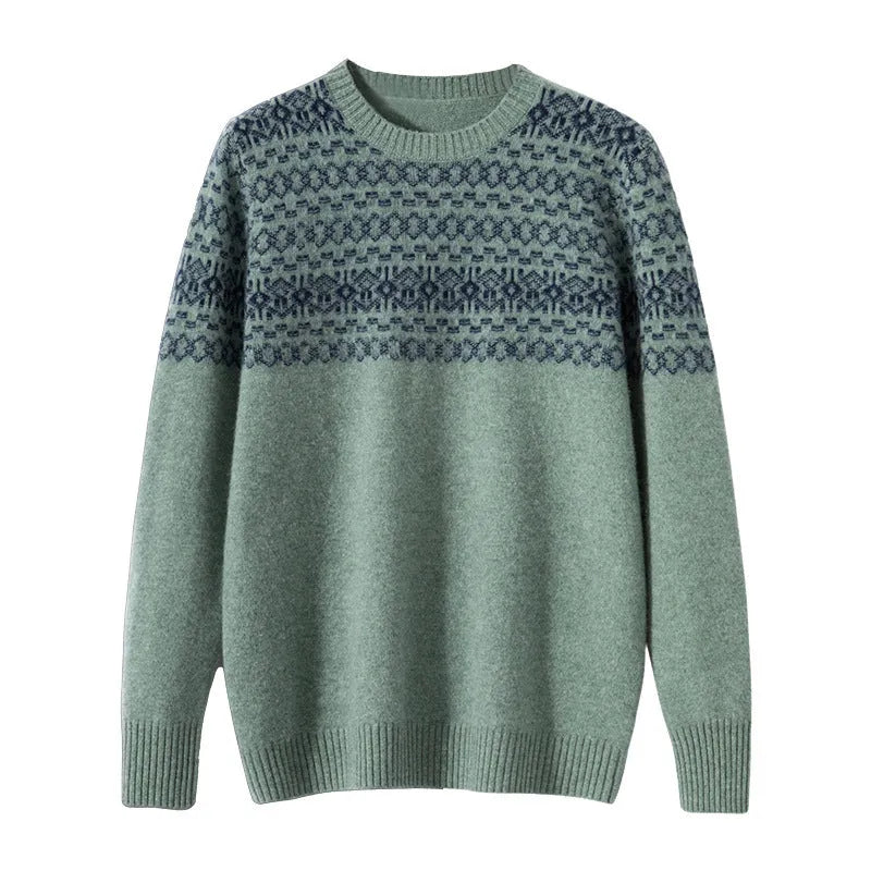 Men's jacquard cashmere sweater in beige, loose fit, long sleeves, thickened wool knit