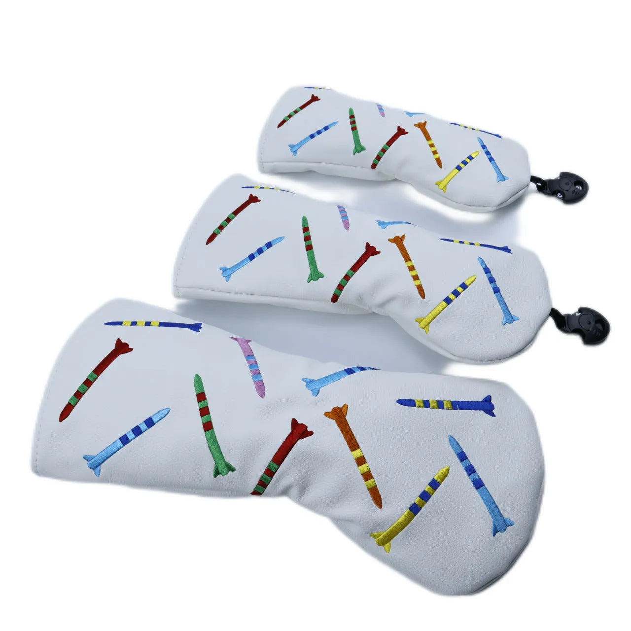 Set of black and white PU golf club wooden poles in three different sizes displayed together.