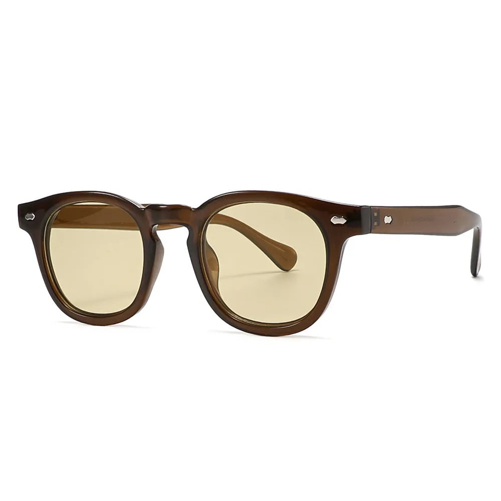 Simple round rim plastic sunglasses shown in a bright black frame with blue lenses on a plain background.