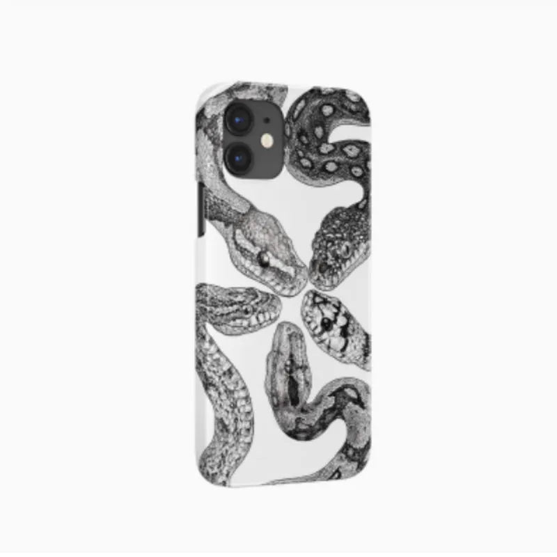 Black and white retro python illustration phone case for iPhone with frosted hard shell finish