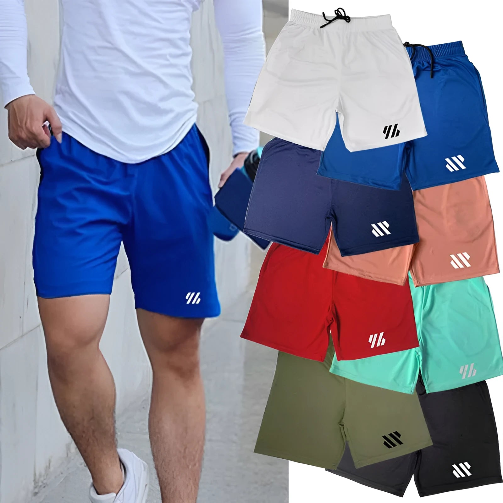 Men's loose black metal silk polyester sports shorts for running, laid flat.