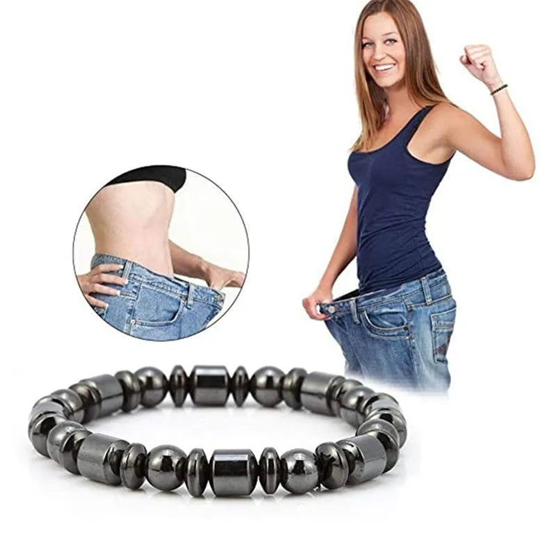 Black pentagram magnetic therapy bracelet with magnetite stones and stretch design for wrist wear