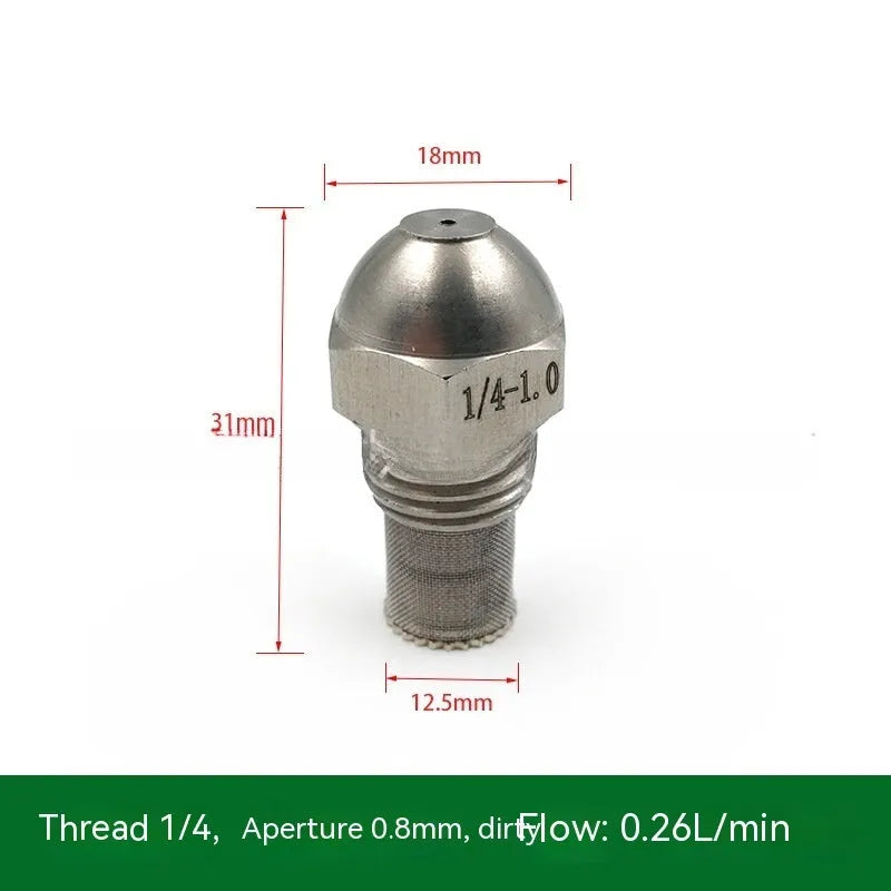 304 stainless steel two-point industrial spray nozzle with external thread and filter screen for atomisation.