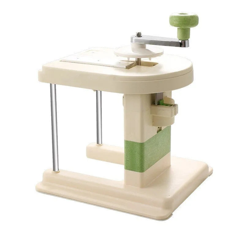 Beige kitchen vegetable slicer tool with stainless steel blades for shredding and spiralising