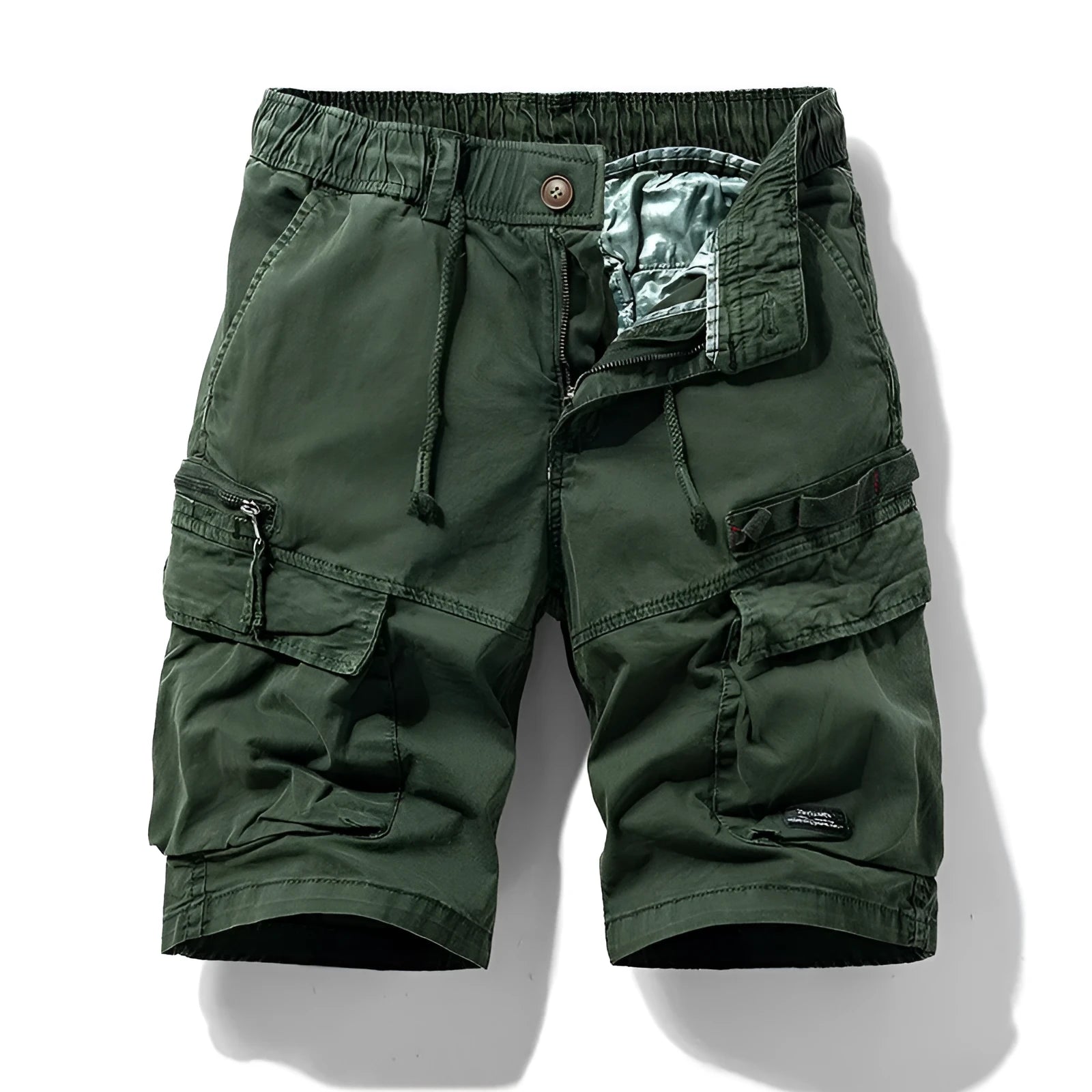 Men's cotton shorts in army green with multiple pockets and zipper closure in Korean style cut