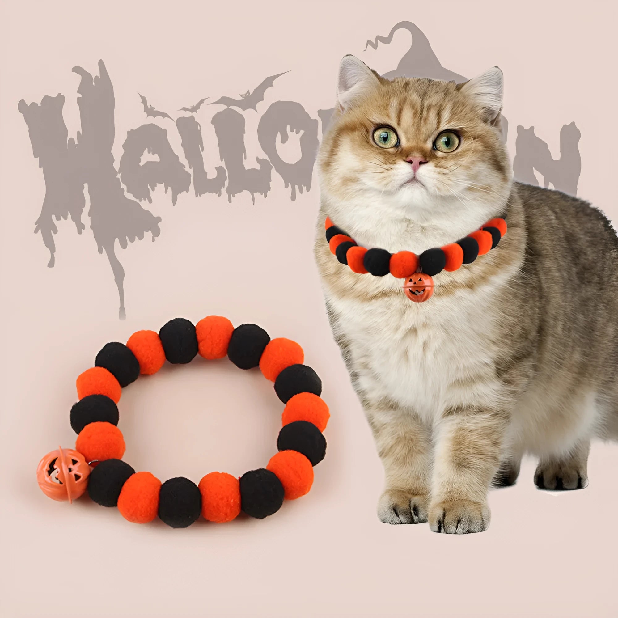 Orange Halloween cat collar with 'Naughty Cat' text and a detachable plastic pumpkin charm on a table.