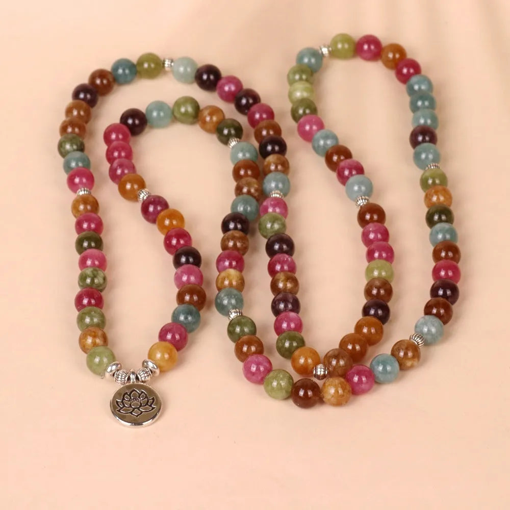 108-bead multi-layer bracelet with lotus hanging and tourmaline accents on alloy chain