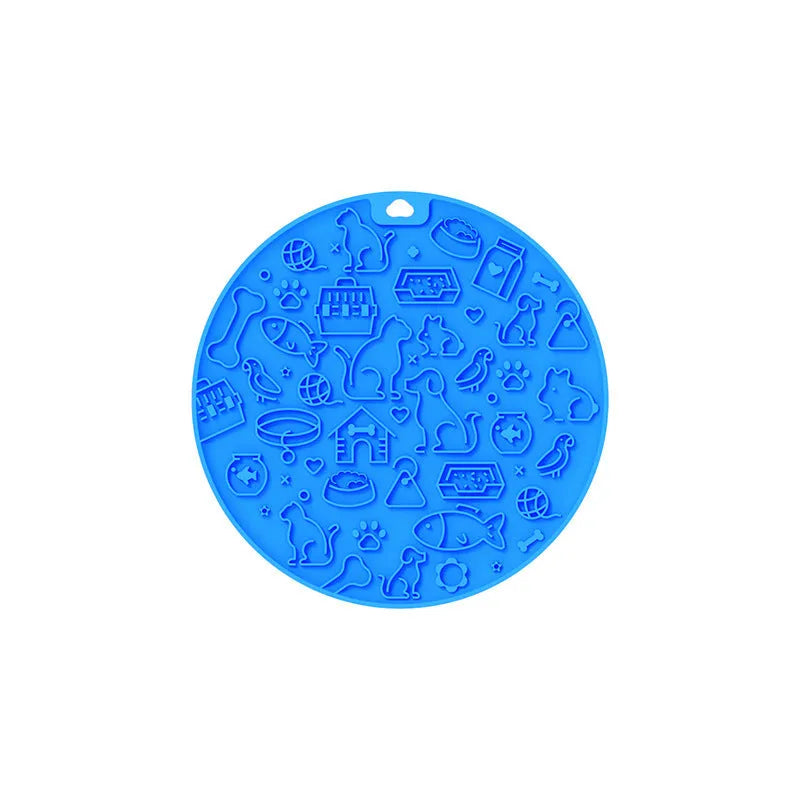 Round silicone pet licking mat with suction cup, shown in blue colour.