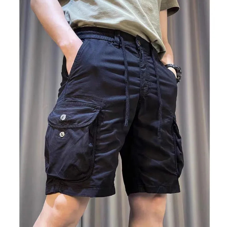 Loose straight Korean-style casual overalls with multiple pockets in micro-elastic polyester fabric
