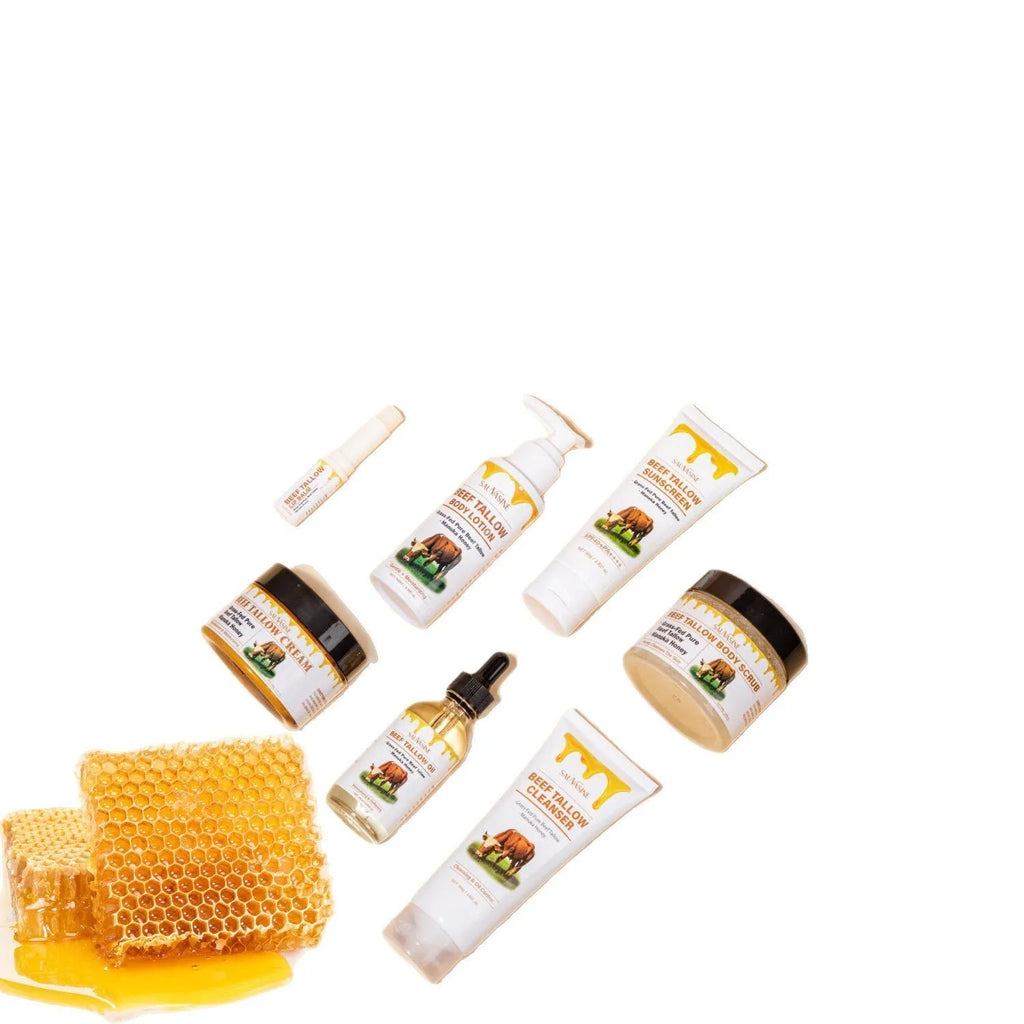Seven-piece skincare set with facial cleanser, face cream, lip products, body lotion and facial scrub