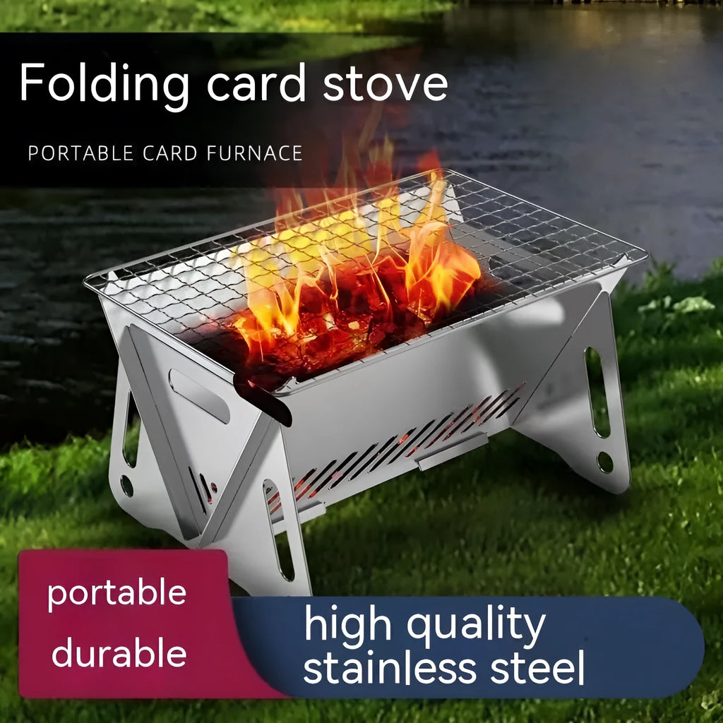 Stainless steel folding barbecue grill with large cooking surface and storage bag