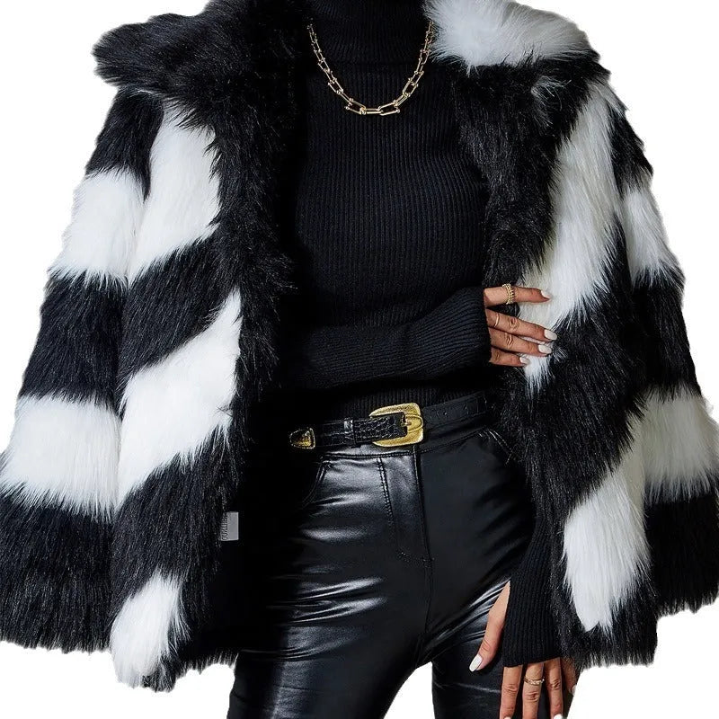 Faux fur coat with contrast colour lapel and removable fur collar in picture colour