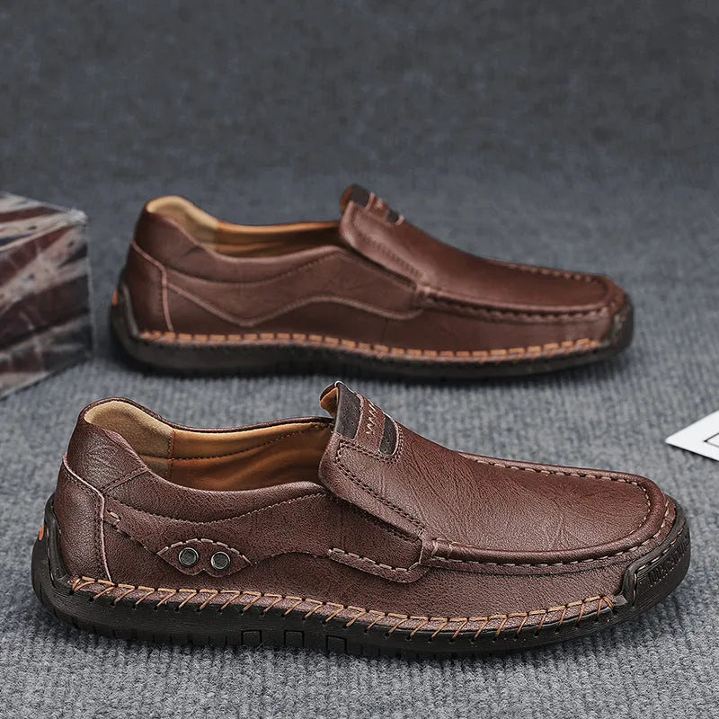 Handmade men's leather outdoor walking shoes, lace-up, flat rubber sole, available in black leather, sizes 38-48