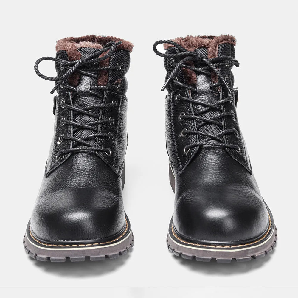 Plus size men's real leather snow boots with fleece lining, knee-high, rubber sole, black, sizes 39-47