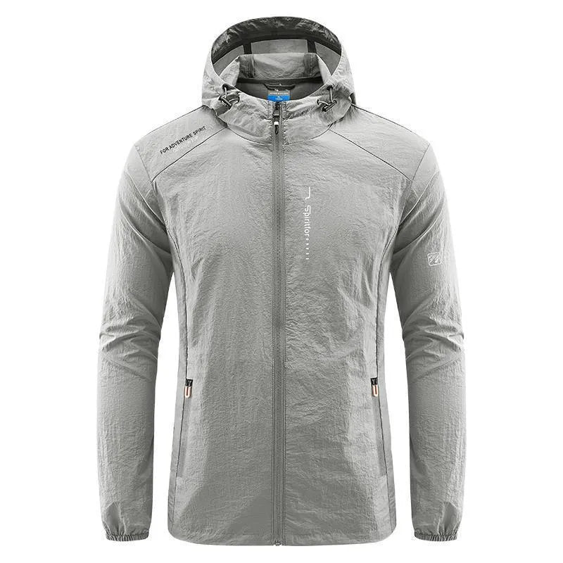 Men's thin summer hooded jacket in nylon fabric showing loose fit and available colour options