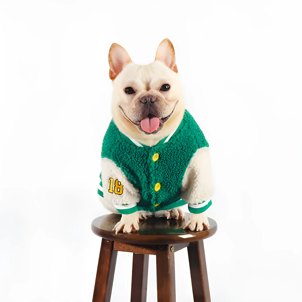 Green fleece-lined dog jumper coat for winter warmth in large to extra-extra-large sizes