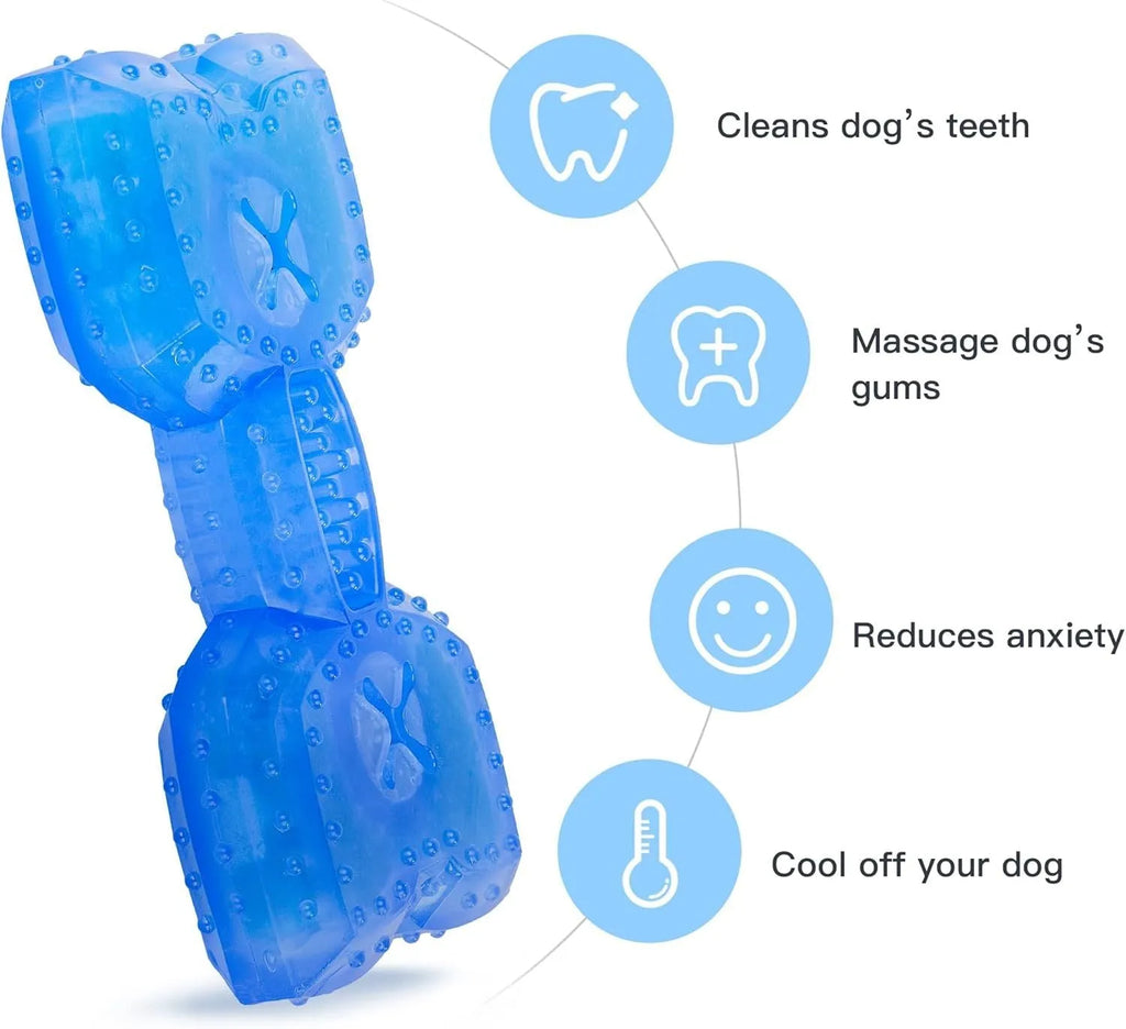 Freezable dog teething toy in bones and circles shapes with treat pocket