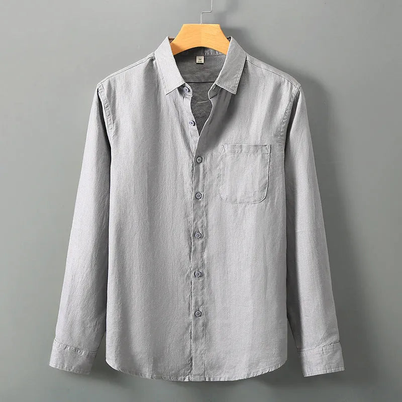 Chinese style linen cardigan shirt with long sleeves in solid colour
