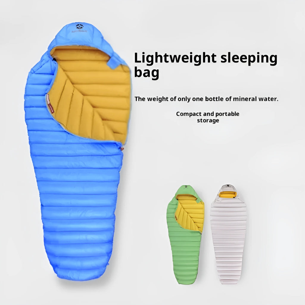 Ultralight goose down mummy sleeping bag in blue with nylon shell for outdoor camping