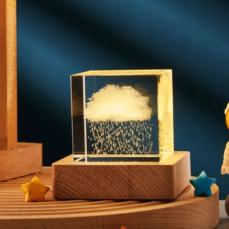 3D crystal cube night lamp with warm light and glass lampshade, available in 40mm and 60mm sizes