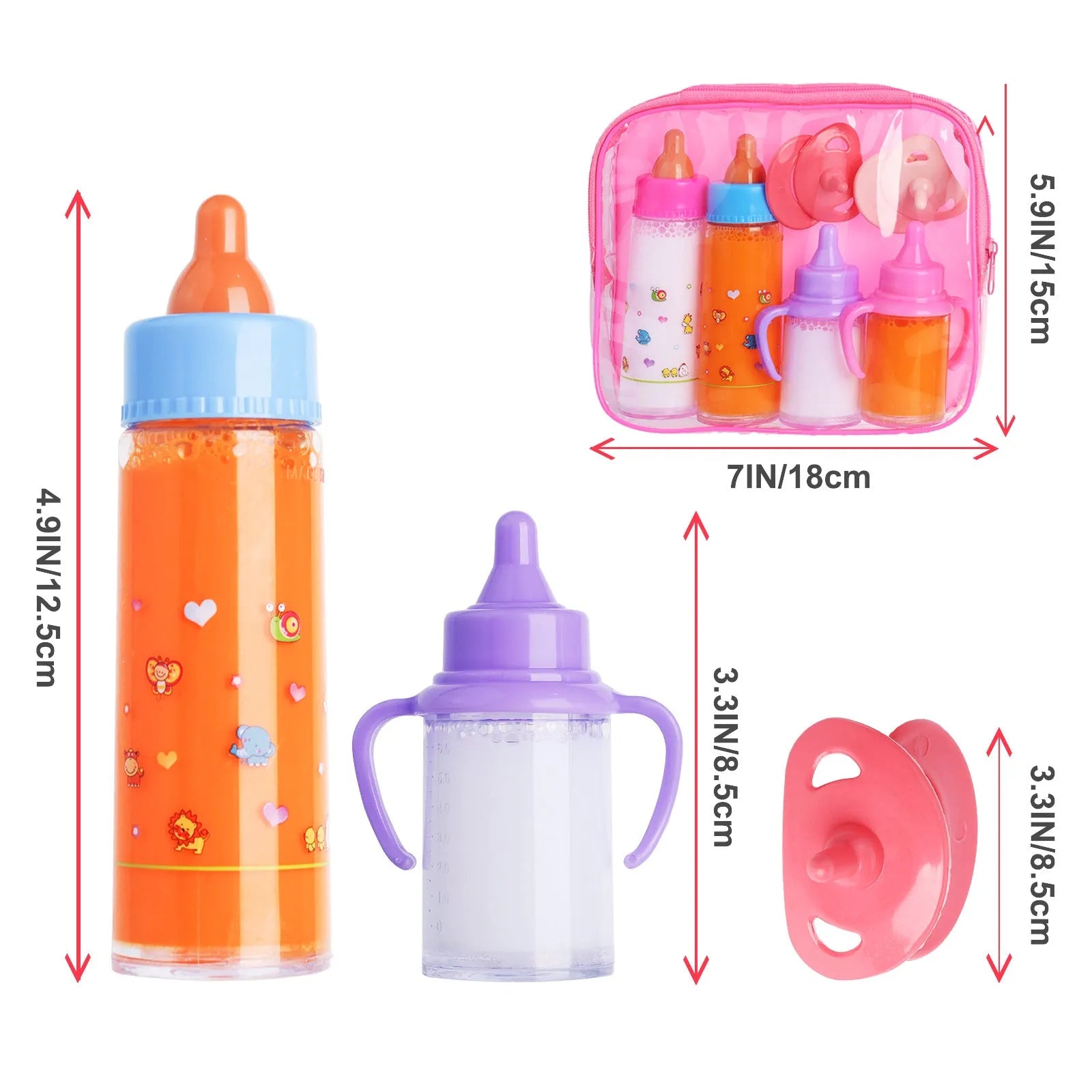 My Baby Doll Magic Bottle feeding set with 2 milk and juice bottles and hand bag for dolls 18cm tall