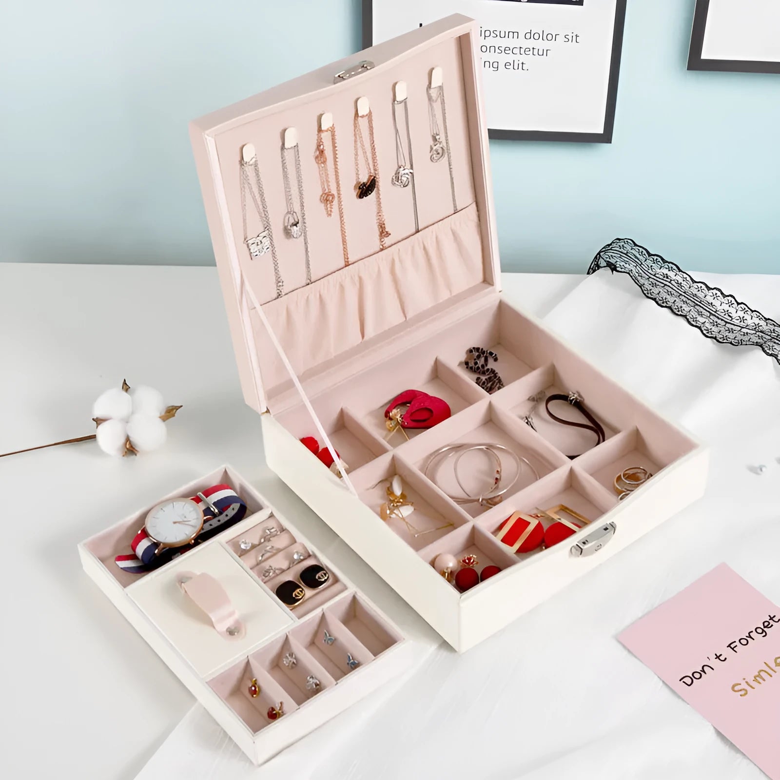 Red or white PU leather jewellery storage box with large capacity for necklace and ring organisation