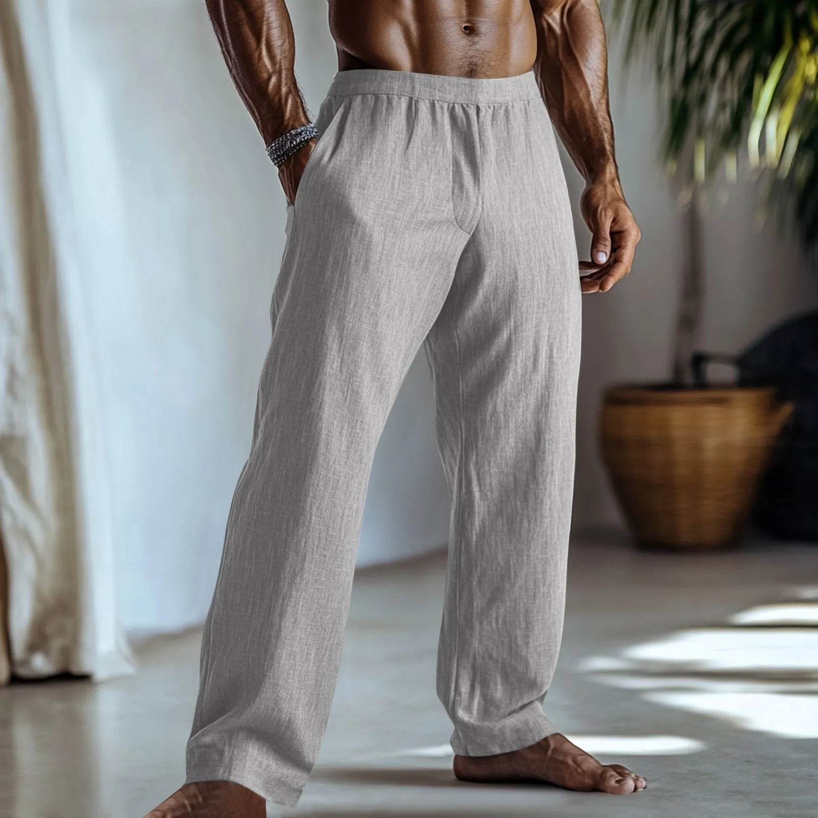 British style straight leg cotton linen trousers in light green colour showing straight fit silhouette