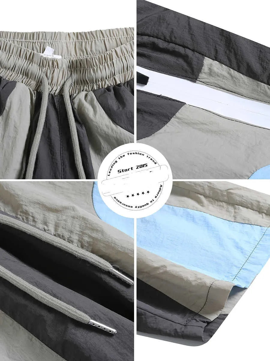 Blue men's patchwork quick-drying shorts with a loose straight-leg fit for outdoor sports
