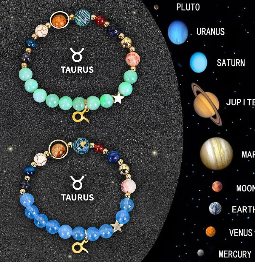 Natural stone beaded zodiac bracelets showing twelve animal signs on elastic cord