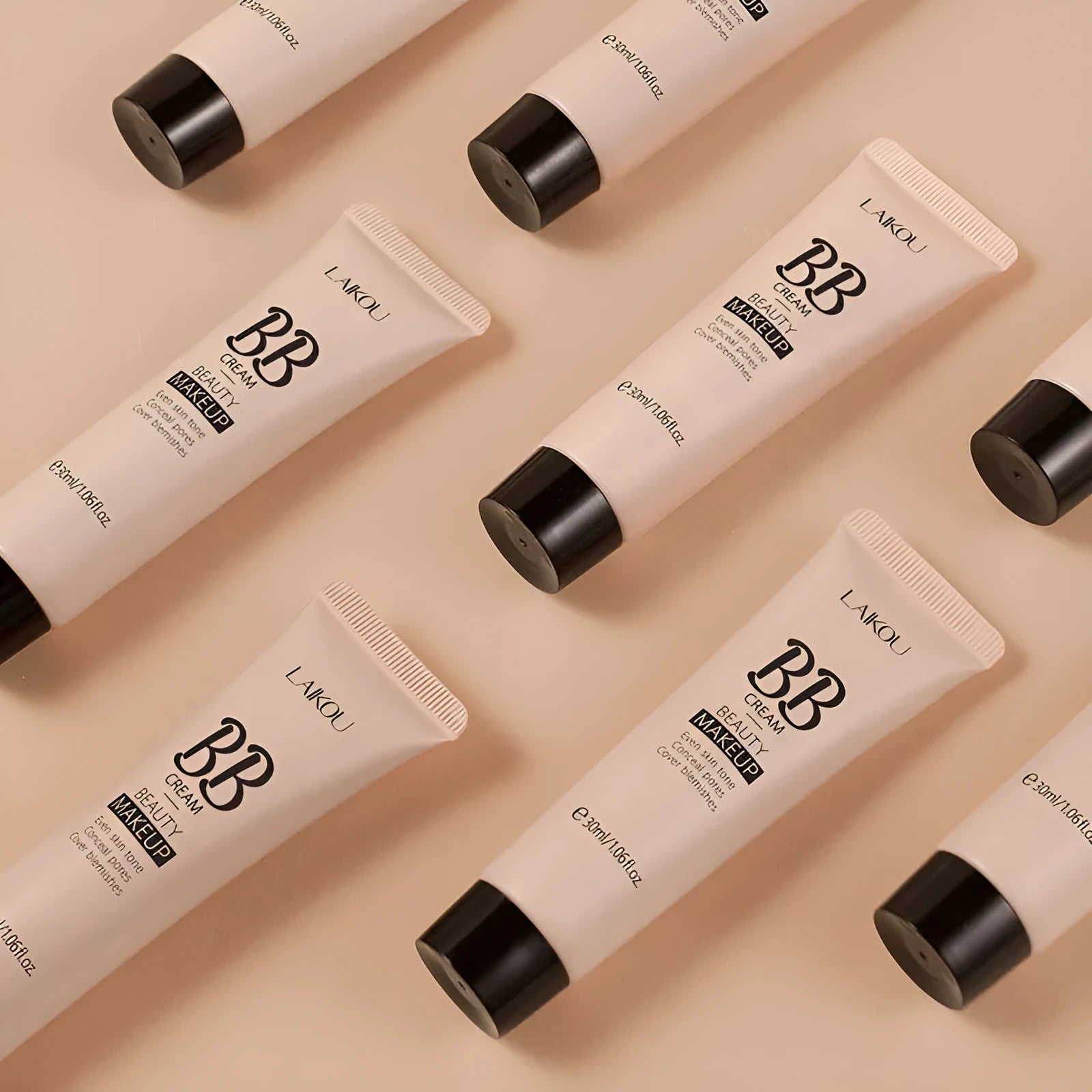 Natural Makeup BB Cream 30ml tube with nine shade swatches from Ivory White to Brown