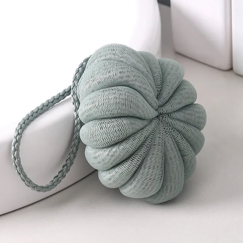 Japanese style 50g bath flower ball in beige with fine mesh and flexible foam, 10cm pumpkin shape