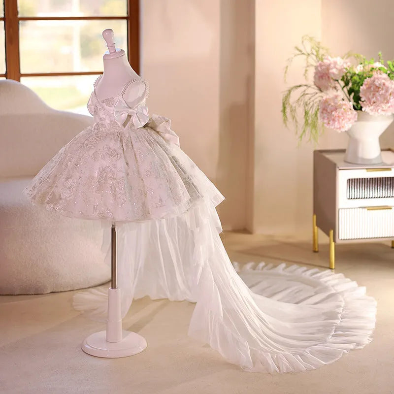 White light luxury princess dress for girls, polyester fibre, 80-150cm height range, flower girl wedding style