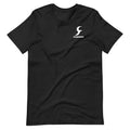 Black straight cut cotton short sleeve t-shirt with round neck on hanger