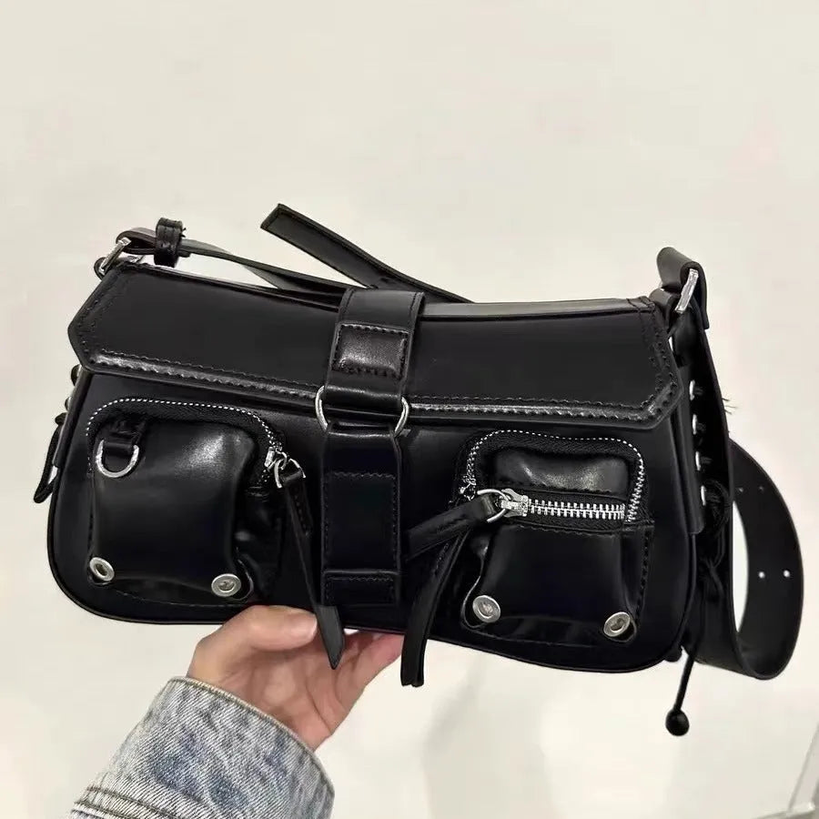 Black PU underarm baguette messenger bag with adjustable strap and zippered compartment