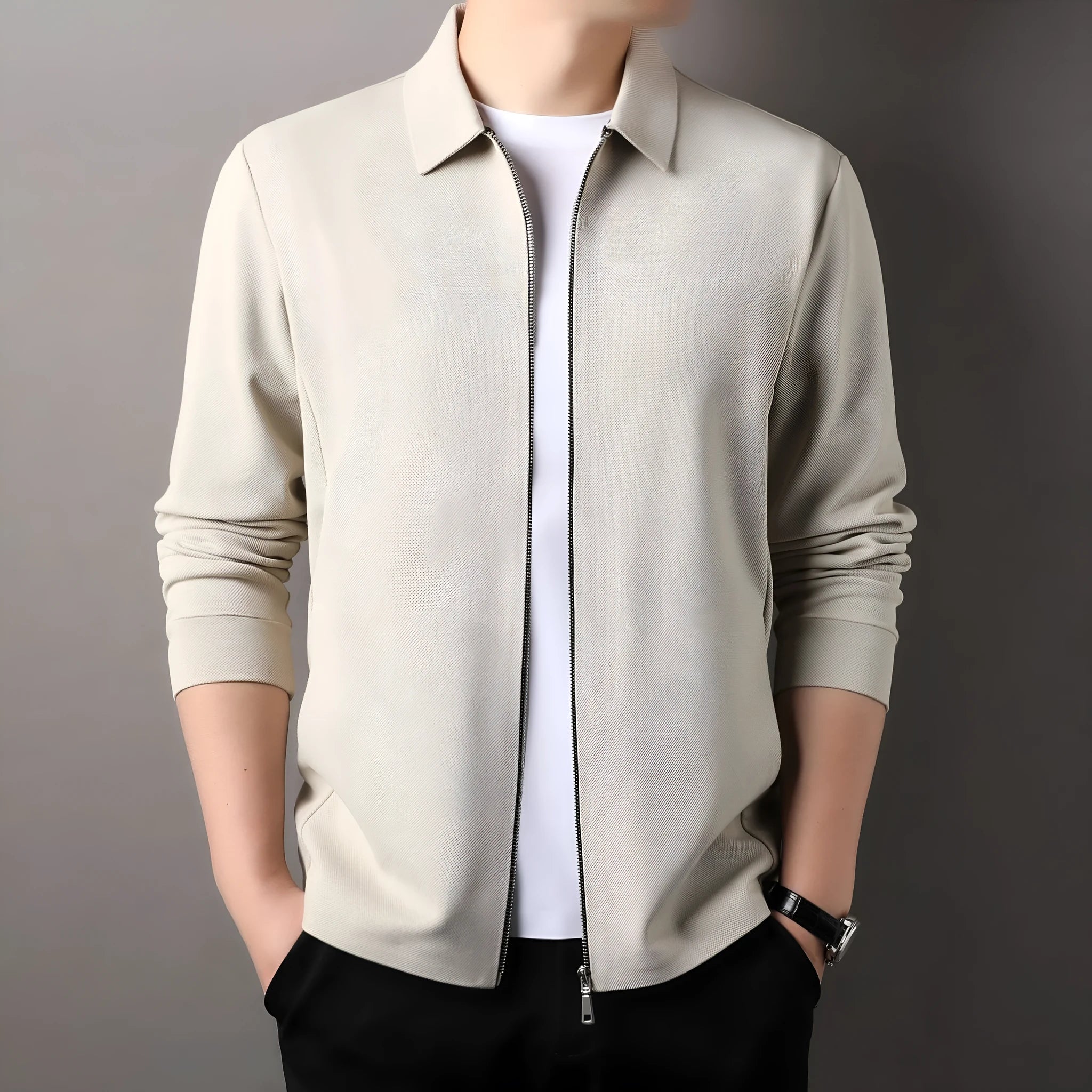 Men's polyester business jacket in black, dark grey or apricot with regular sleeves and straight hem design