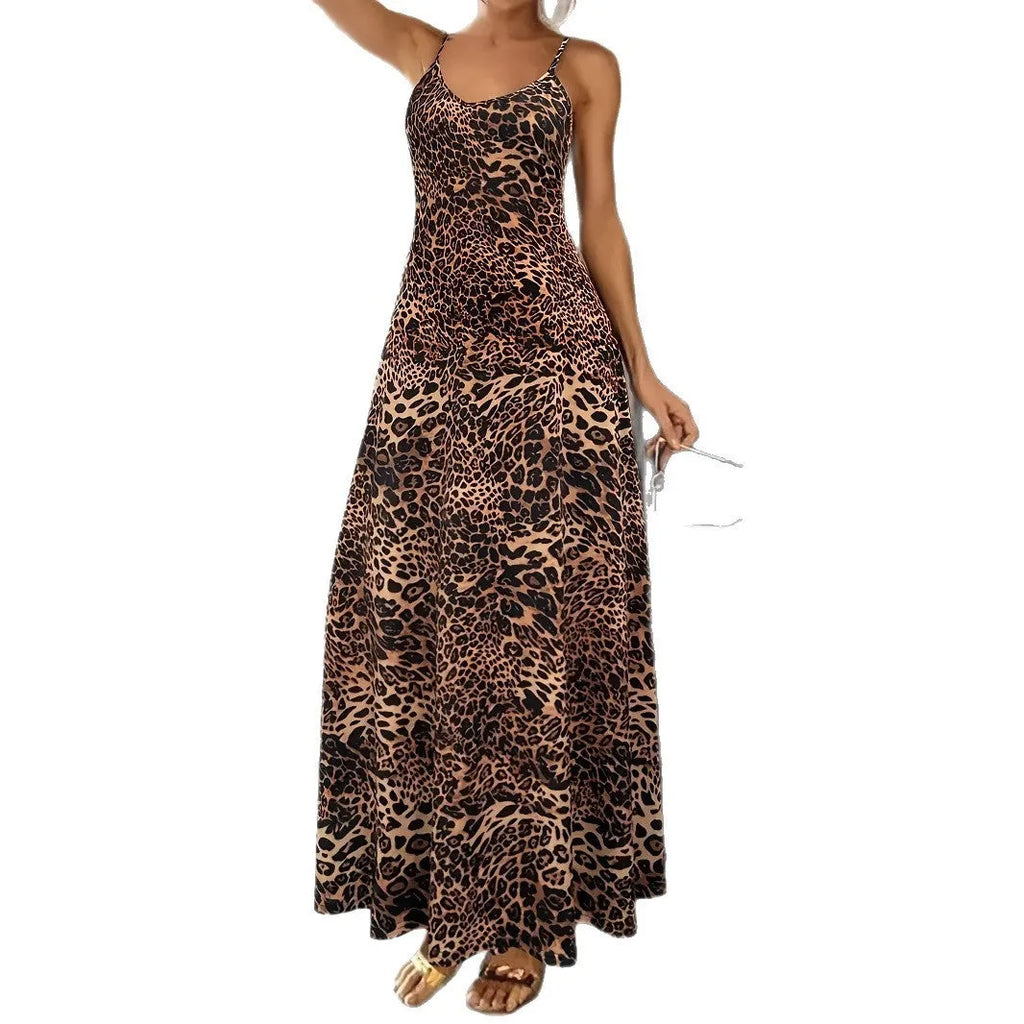Women's dark brown leopard print sleeveless dress with round neck and adjustable shoulder straps