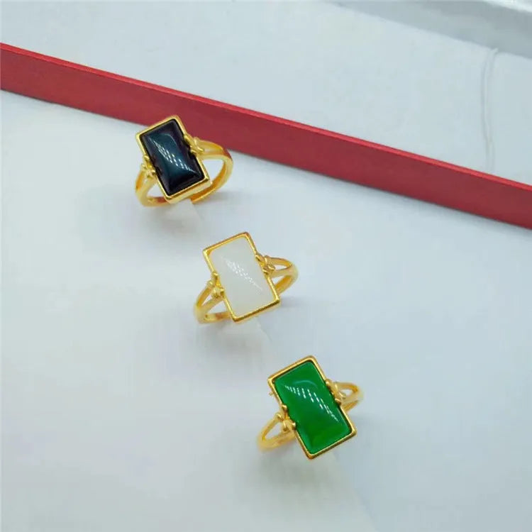 Adjustable brass gold-plated ring with electroplated finish showing gemstone inlay in national style design