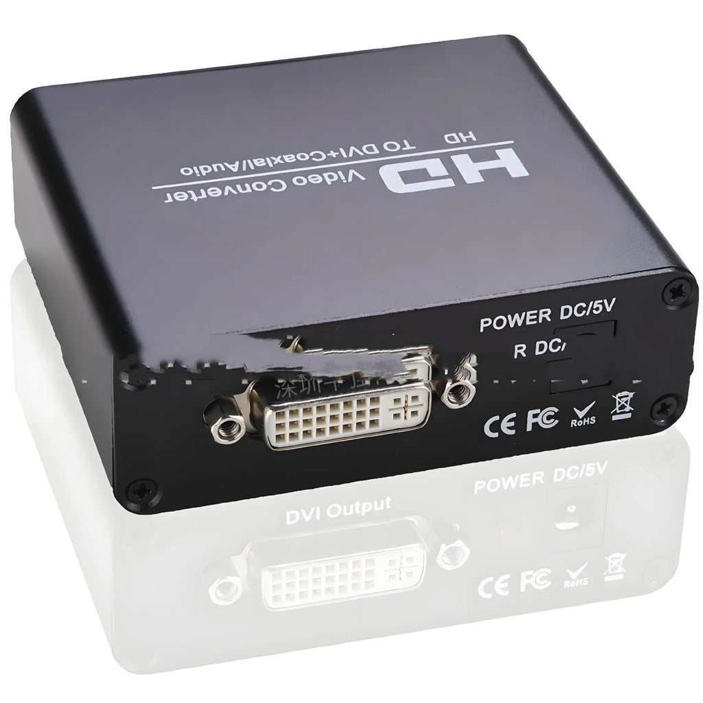 Black HDMI to DVI converter with coaxial audio output port and 1.5 metre attached cable